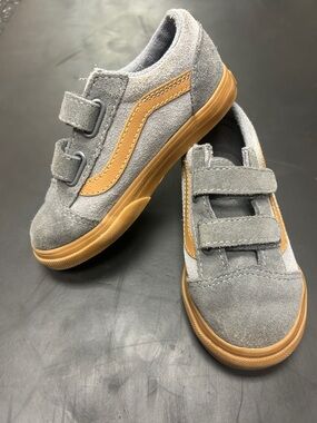 VANS Kids Old Skool V Grey Suede Velcro Sneakers with Tan Accent